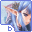 Pixelated image of a character with light skin, brown hair, and blue clothing holding an object against a light blue background.