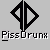 Black and white pixelated icon featuring a diamond-shaped symbol with vertical line dividing it, below which is stylized text reading 'PissDrunk' on gray background.