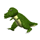 Green dinosaur with light underbelly in multiple poses against gray background.