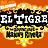 Pixelated cartoon icon with orange background, "EL TIGRE" text, and a skull symbol below. The skull has black eye sockets and a downturned mouth. The top right shows a brown mask with black swirls and two X-shaped eyes. The bottom right features a pink snout with nostrils and a mouth with white teeth. The overall style is retro and cartoonish with bold outlines and flat colors.