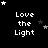 Black background with white pixelated text 'Love the Light' repeated in a , surrounded by small stars of varying sizes and shades