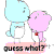 Two cartoon characters with cotton candy-shaped heads stand on a pink platform; the left character's text changes from 'guess what?' to 'I love you.'