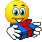 Yellow cartoon face with blue eyes and white gloves holding a blue gift box tied with red ribbon, displaying multiple facial expressions across frames.