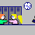 Pixel art animation of a school hallway with lockers, showing a character with brown hair approaching a blonde character, then opening a locker, and finally a red splatter effect on the floor.
