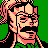 Pixelated 48x48 static icon of a character with pinkish skin, black hair, and glasses against green background.