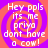 Pixelated text on a purple and orange spiral background with four identical showing 'Hey ppls its me priyo dont have a cow!' in white block letters