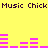 Yellow background with dark purple text reading "Music Chick Music Chick" at top and bottom, pink audio equalizer bars in two horizontal