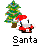 Santa Claus in red and white attire sits beside a decorated Christmas tree, with text below reading 'Santa' and a speech bubble displaying 'HO,' 'HO.HO.', and 'HO.HO.HO'