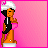 Pixel art character with orange skin, black hair, white headband, and pink top against pink background; text changes from 'DON'T HATE THE PLAYER' to 'HATE THE GAME' across frames.