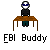 Pixel art of a figure with blue-and-white headgear sitting at a brown table, labeled 'FBI Buddy' below.