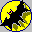 Pixelated circular icon with yellow, black, blue, green, and pink elements forming an abstract shape against a gray background.