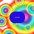 A vibrant, repeating pattern of concentric circles in rainbow hues with four blue oval shapes containing small yellow text elements.