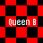 Red and black checkered pattern with 'Queen B' text in white pixelated font across four distinct layouts