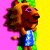 Pixelated cartoon lion with brown mane and face wears blue shirt, standing against pink and yellow background with green vertical stripe.