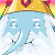 Pixelated character with golden crown, light blue face, white cloud-like hair, and rainbow gradient background.