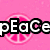 Pixelated text 'pEaCe' and 'oUt' on pink background with two circular peace symbols, each containing a white cross-like shape.