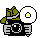 Pixelated camera with green foliage and a white circular flash that transitions to yellow sunburst, surrounded by scattered yellow squares on gray background.