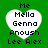Green background with four white heart shapes containing text: Me, Mella, Genna, Anoush, Lee Alex. Text is dark blue pixelated font. All hearts are identical.