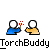 Pixel art animation of two figures: one in blue holding a torch, the other in tan. The torch flame grows larger and changes color from red to orange-yellow as it burns.