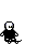 Pixelated character in black outfit performs skateboarding actions on gray background with yellow and green motion effects.