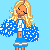 Pixel art cheerleader with blonde hair, blue skirt, white top, and blue pom-poms; text reads "Cheer leaders: dancers gone retarded!" on light blue background.
