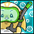 Pixelated cartoon character wearing green diving mask and snorkel, yellow body with white accents, blue background with white bubbles.