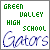 Green pixelated text 'GREEN VALLEY HIGH SCHOOL' above blue cursive 'Gators' on white background with gray border.