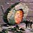 Pixelated static image shows a central orange and white object with dark green and black accents against a muted gray background.