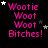 Pixelated pink text "Wootie Woot Woot Bitches!" on black background with scattered white and gray stars, animated star positions across frames.