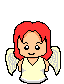 Pixelated angel with red hair and white wings in multiple poses, wearing a light yellow dress or shirt against gray background.