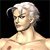 Pixelated image of a shirtless person with light-colored hair styled in a side-swept manner against a black background.