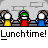 Animated contact sheet of 13 frames showing a pixel art lunchtime scene with stick figures in school uniforms, repeated text "Lunchtime!", and varying character positions across frames.