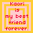 Four identical pixelated display red text on pink and yellow layered squares with 'Kaori is my best friend forever.'