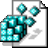 Pixelated teal and white geometric figure with three spherical elements, set against a light gray background with white and black border accents.