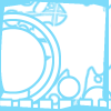 Light blue line art of abstract geometric shapes including a large circular form, smaller circles, and curved lines on white background.