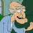 Pixelated cartoon character with glasses and gray hair in blue shirt, red text 'hay u' above and 'want to be my friend' below on black background.