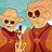 Two pixelated figures in red robes with brown belts stand side-by-side against a blue and beige background, one holding a staff-like object.