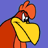 Pixelated cartoon character head with orange beak, red crest, and yellow face against solid blue background.