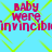 Pixelated text 'baby were invincib' on cyan background with yellow pattern, repeated in four quadrants