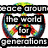 A colorful peace symbol with rainbow gradient rings and a central dot, overlaid with black text reading "peace around the world for generations" on one view.