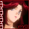 Pixelated anime-style portrait of a character with long red hair, light skin, and closed eyes, framed by alternating red and white square borders.