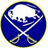 Circular blue icon with white buffalo silhouette above crossed hockey sticks, yellow outline on top two icons.