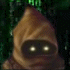 Animated sequence of a hooded figure with glowing eyes against a green matrix-like background, showing subtle eye and head movements.
