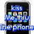 Pixelated smartphone with black screen displaying app icons and blue text reading 'kiss me thru the phone' in three lines.