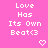Pixelated text on a pink background with two heart symbols below the text.