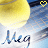 A yellow tennis ball with blue text 'Meg' below it, set against a light blue background with diagonal lines and small black dots scattered throughout.