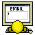 Animated sequence showing email composition on a retro computer interface with yellow sphere icon, progressing from empty field to sent status.