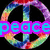 A colorful peace symbol with rainbow gradient fills the top-left quadrant, while a heart-shaped candle flame appears in the top-right. The bottom-left shows partial text over a textured background.