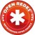 Circular red icon with white cross symbol at center, pixelated texture visible across surface.