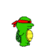Green cartoon character with red headband and yellow circular object, pixelated style on gray background.
